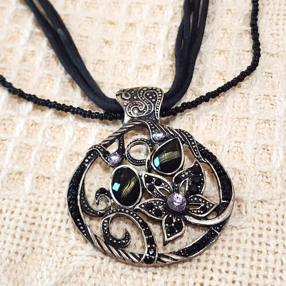 Contemporary Floral Rhinestone Medallion Silver Black Statement Necklace